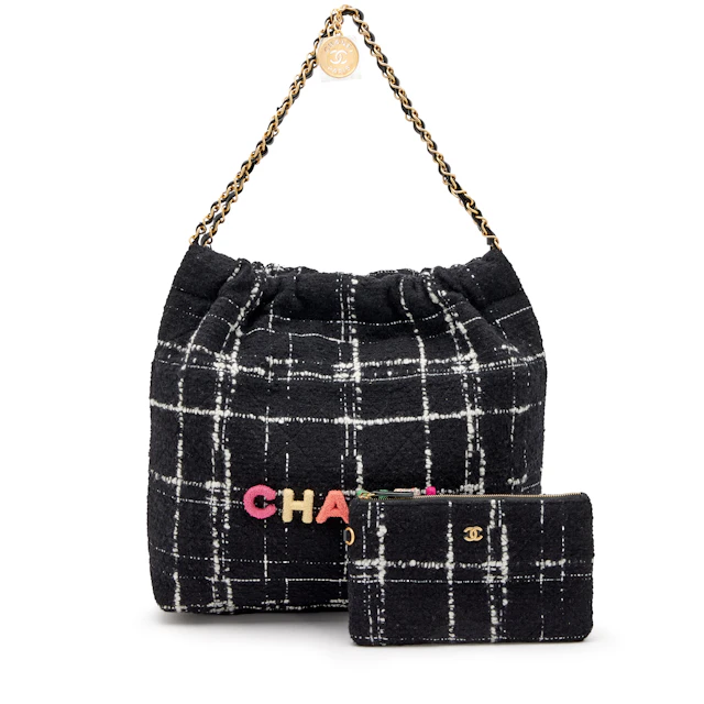 Black, White, and Rainbow Quilted Wool Tweed 22 Tote Aged Gold Hardware, 2022