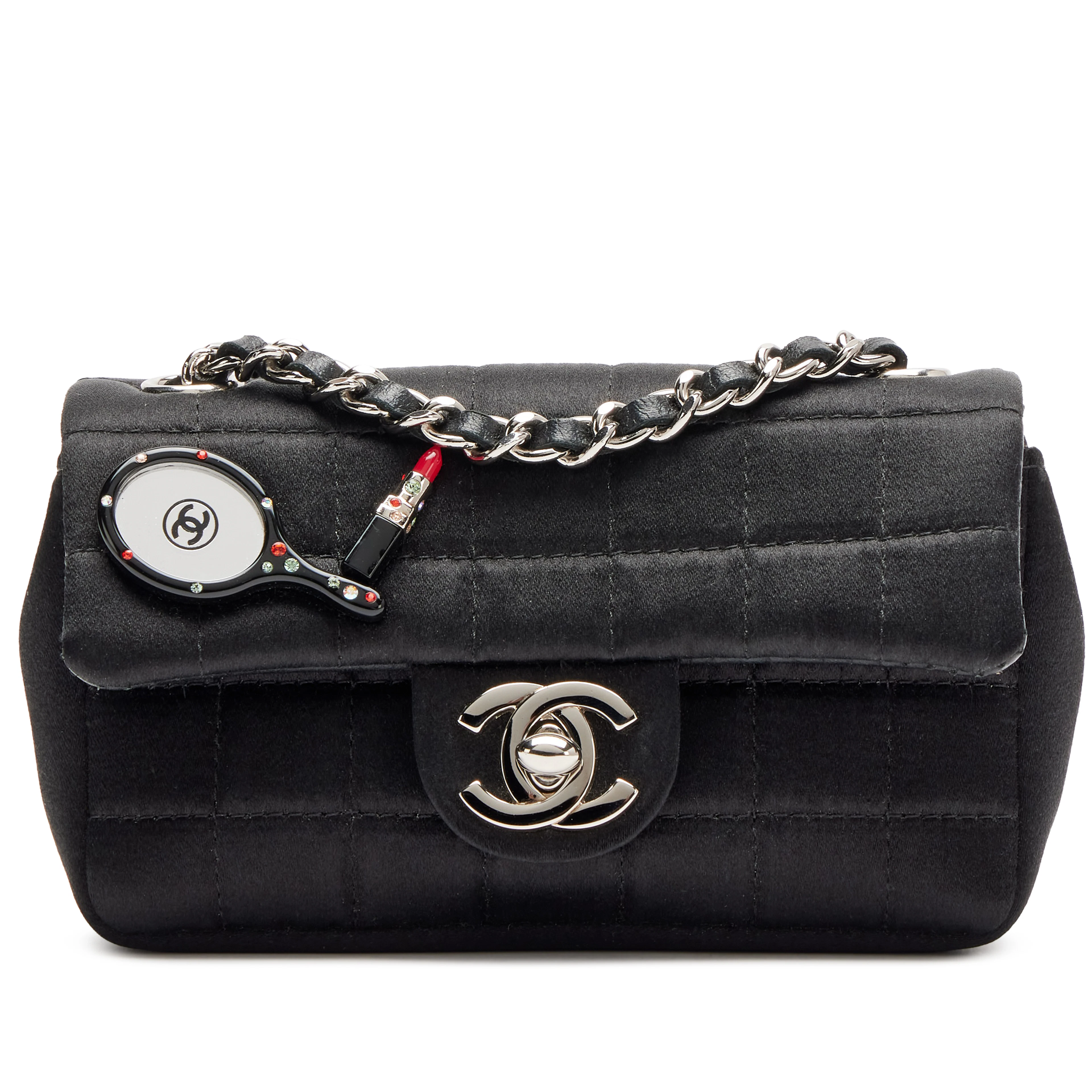 Black Satin Chocolate Bar Lipstick Extra Mini Flap Bag Silver Hardware, 2004