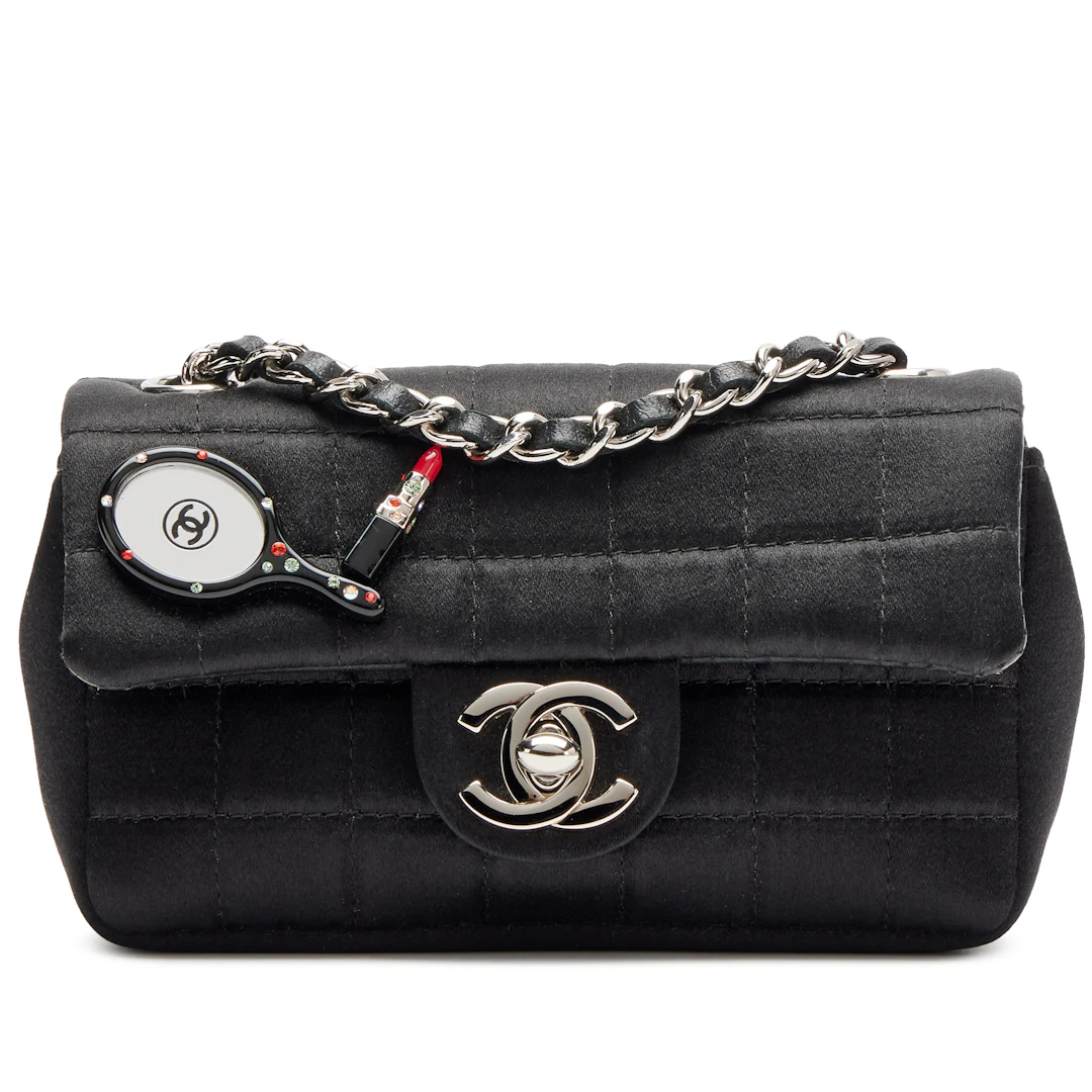 Black Satin Chocolate Bar Lipstick Extra Mini Flap Bag Silver Hardware, 2004