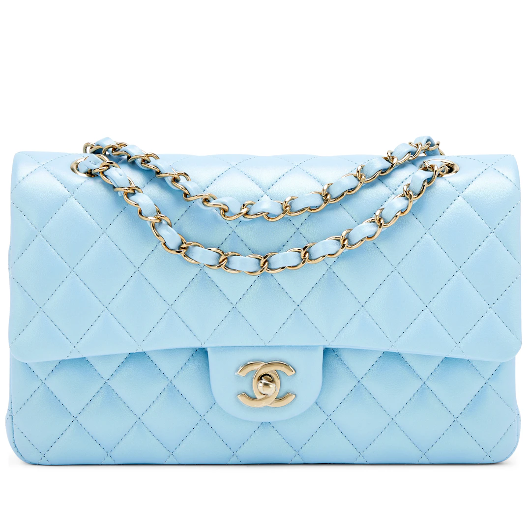 Blue Iridescent Quilted Calfskin Medium Classic Double Flap Bag Silver