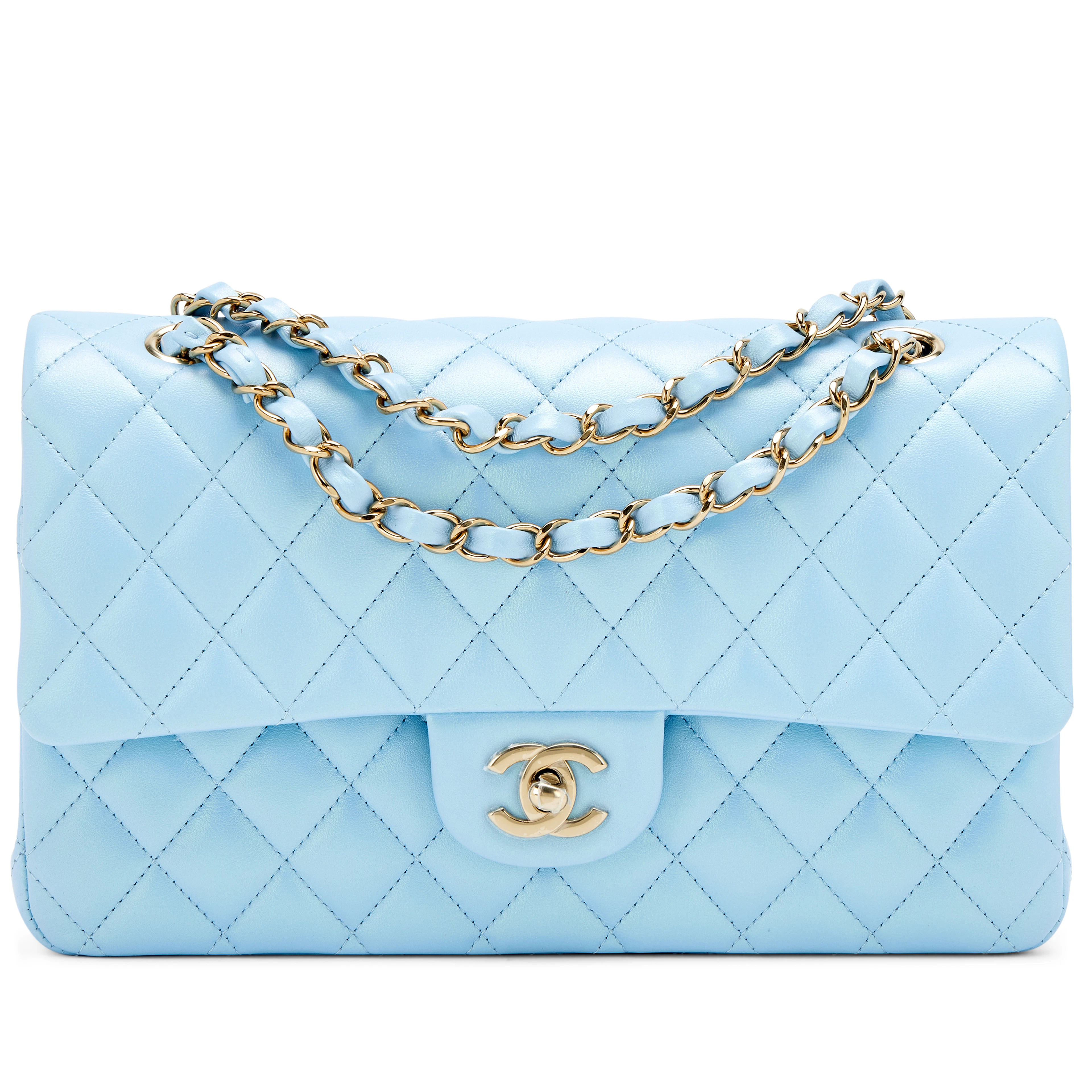 Blue Iridescent Quilted Calfskin Medium Classic Double Flap Bag Silver