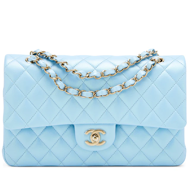 Blue Iridescent Quilted Calfskin Medium Classic Double Flap Bag Silver