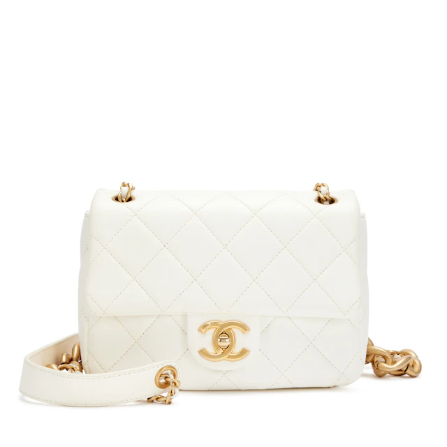 White Shiny Quilted Lambskin Mini Flap Bag Aged Gold Hardware, 2020