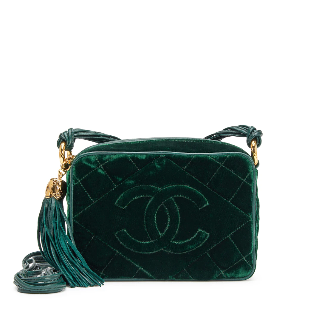 Chanel Vintage Green Quilted Velvet CC Camera Tassel Bag Gold Hardware, 1991