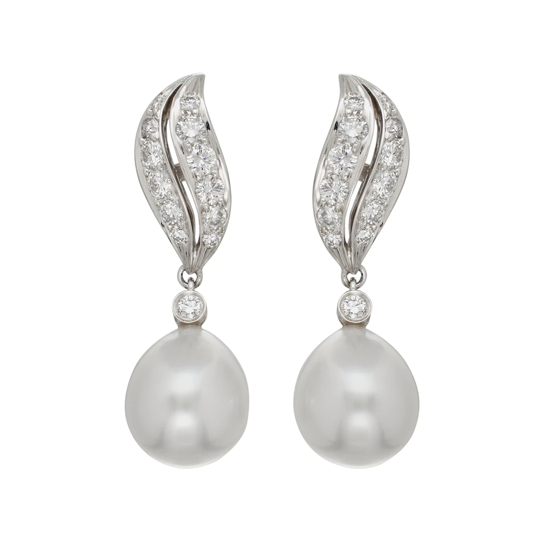 White Gold, Cultured Pearl and Diamond Drop Earrings