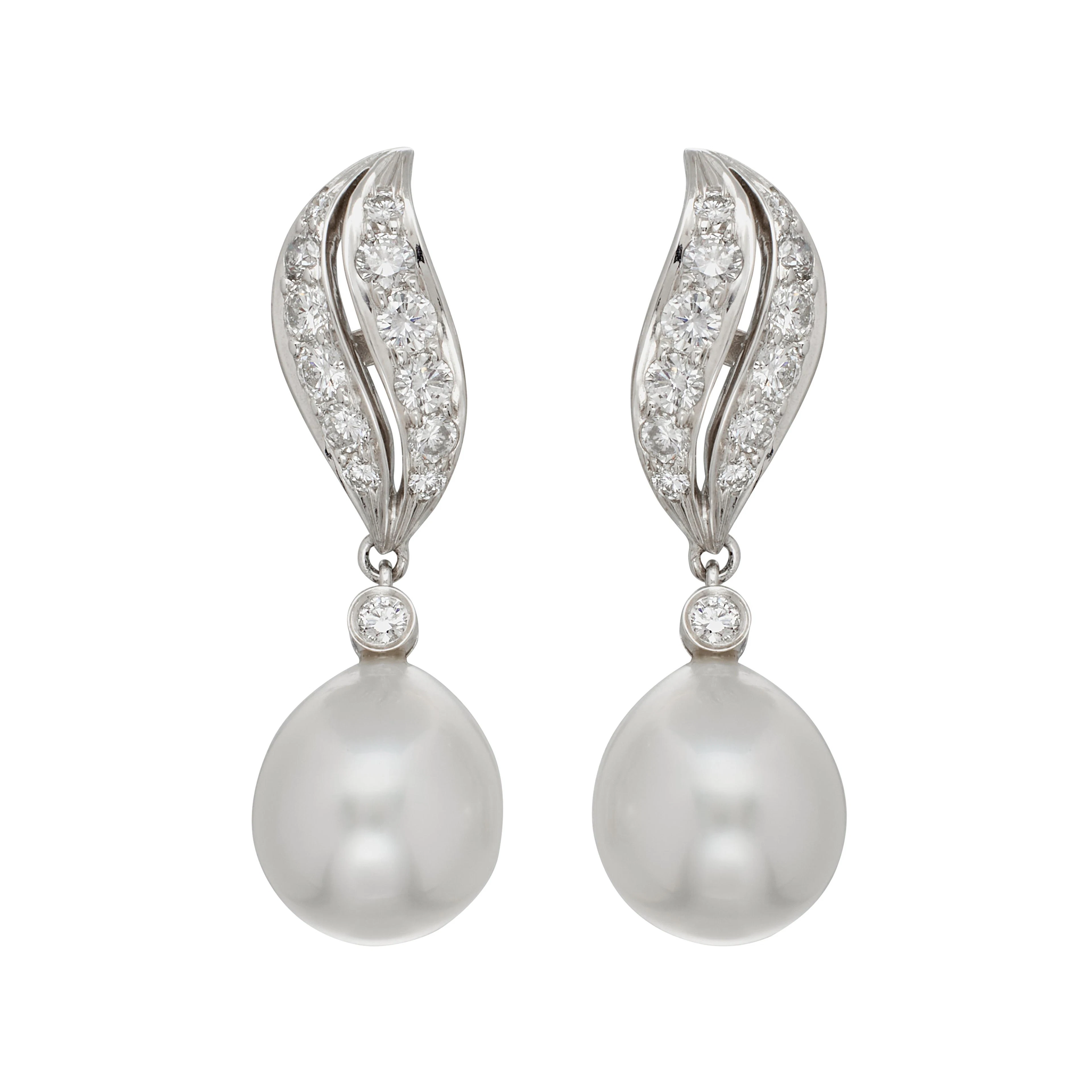 White Gold, Cultured Pearl and Diamond Drop Earrings