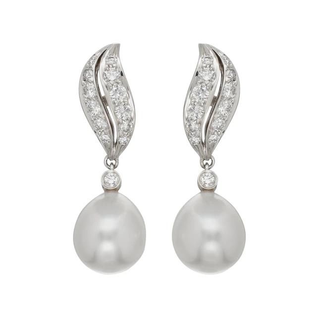 White Gold, Cultured Pearl and Diamond Drop Earrings