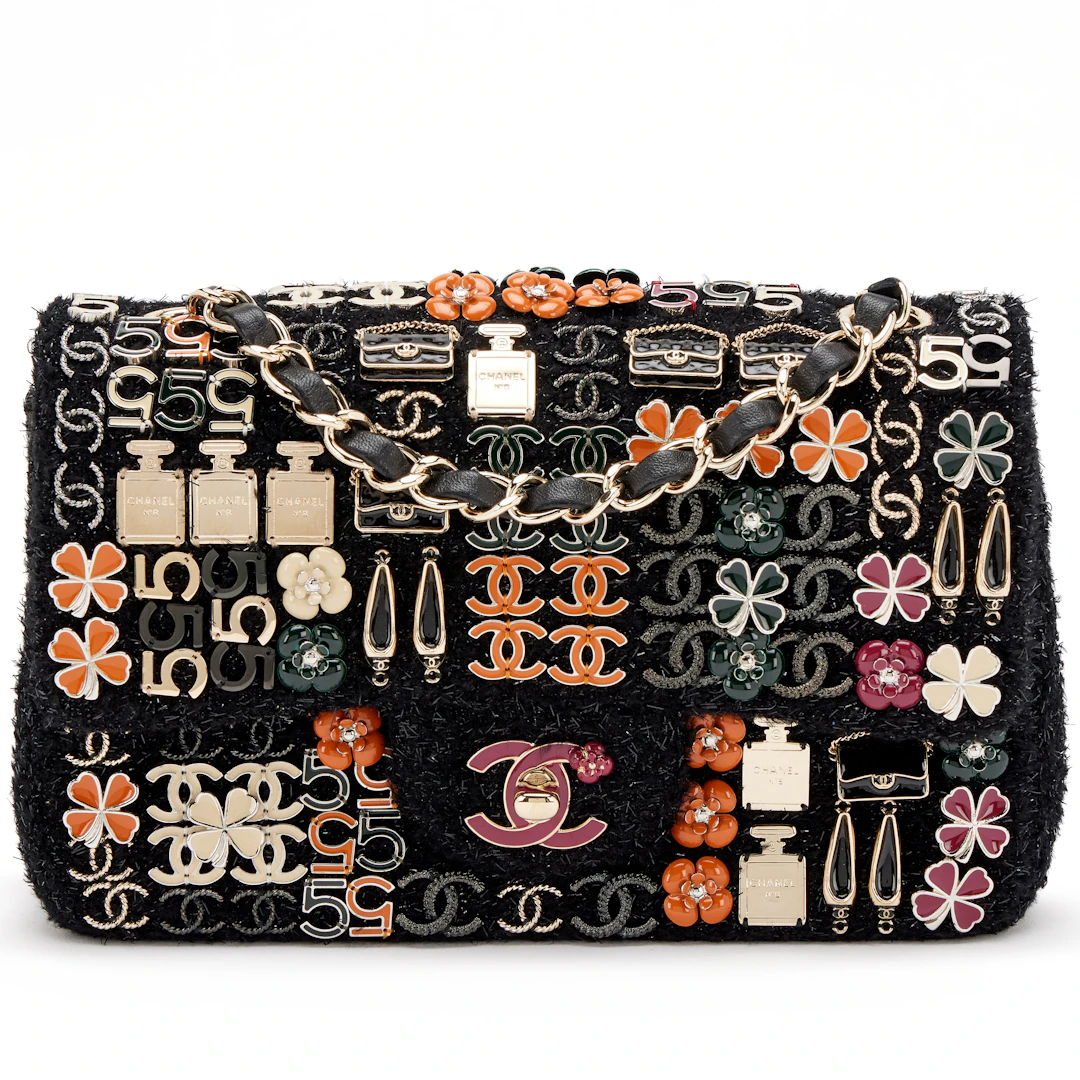 Enamel Symbol Charm Black Tweed Supermarket Jeweled Embroidered Mini