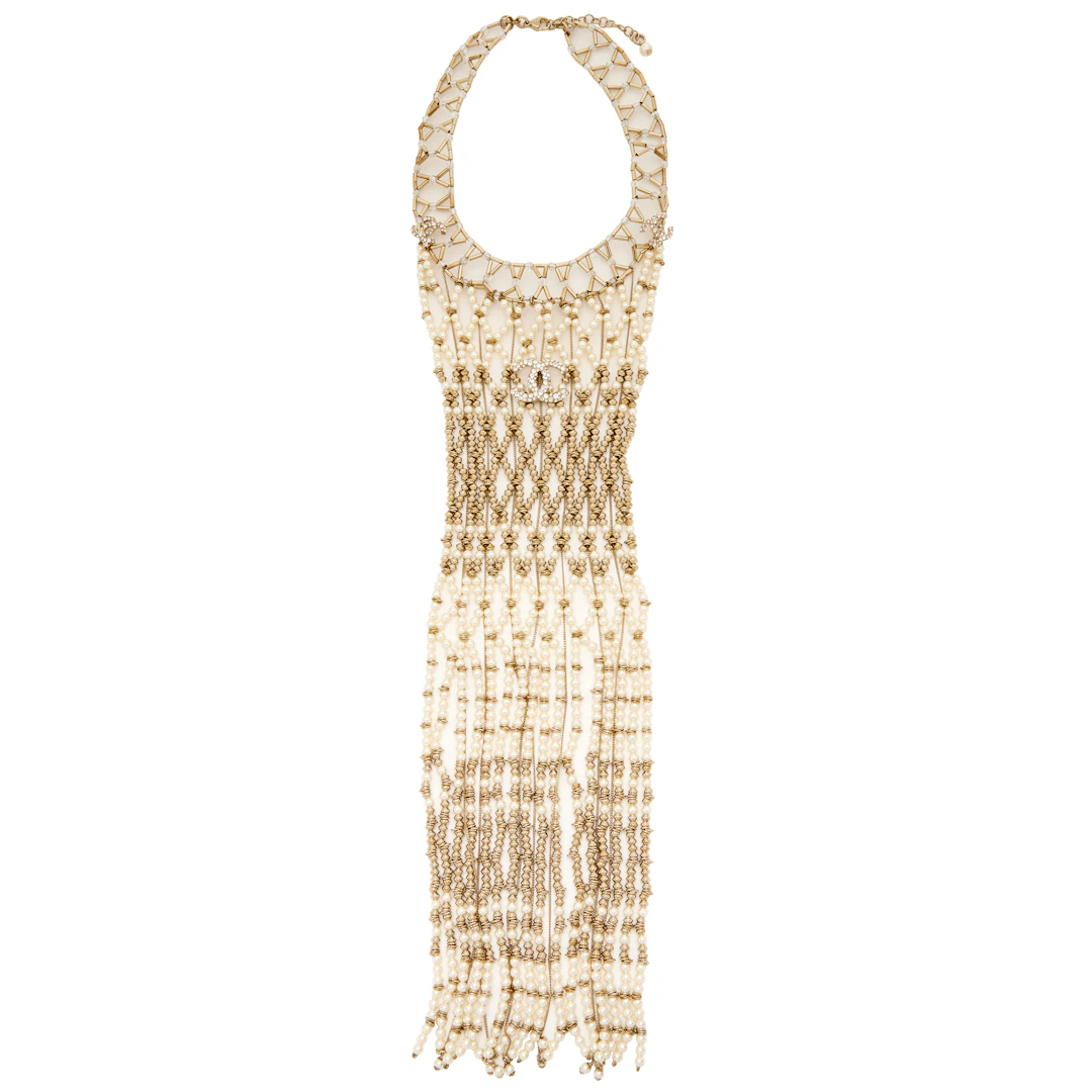 Gold Metal, Crystal, and Imitation Pearl CC Bib Chain Necklace, 2019