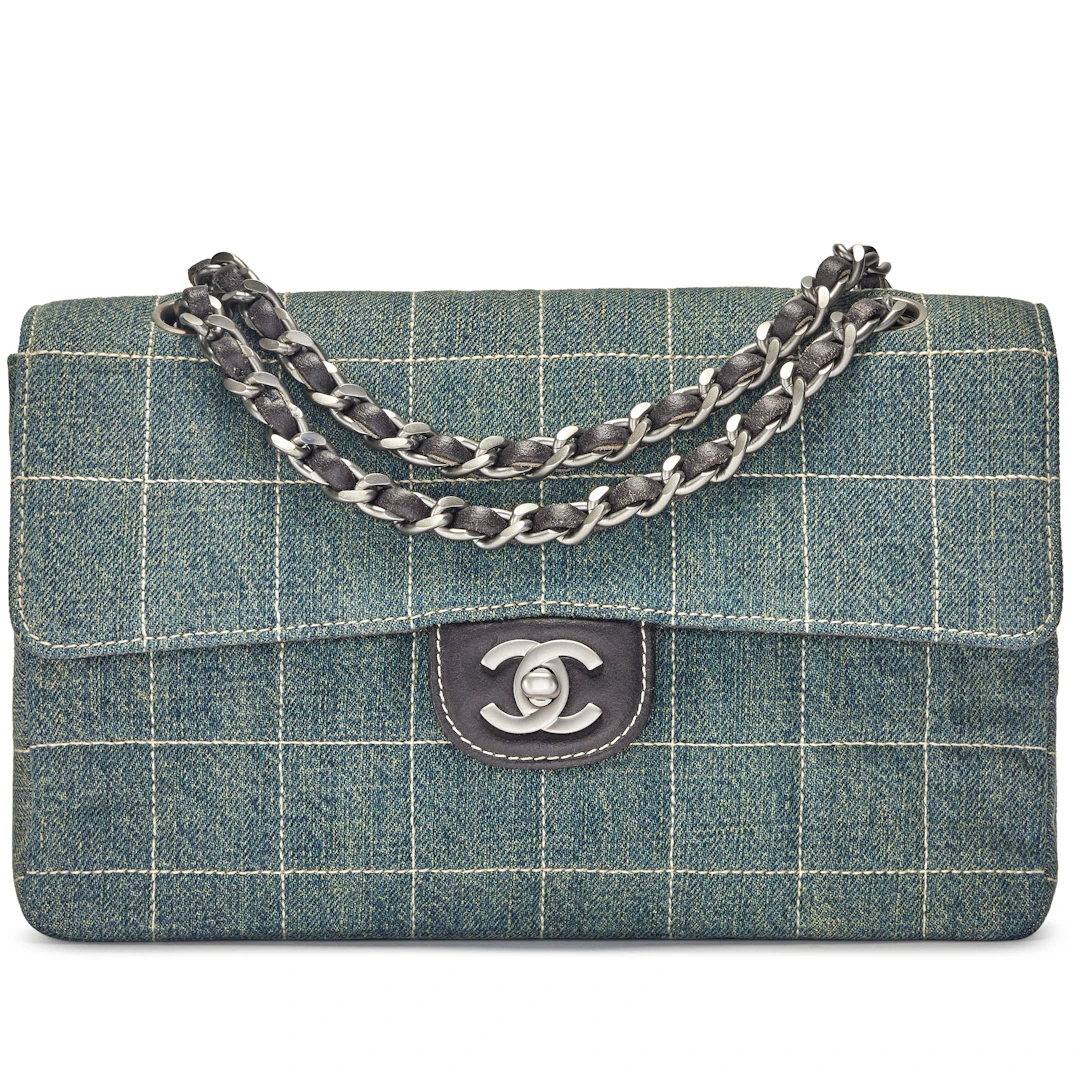 Vintage Blue Denim Chocolate Bar Quilted Flap Bag Ruthenium Hardware, 2000