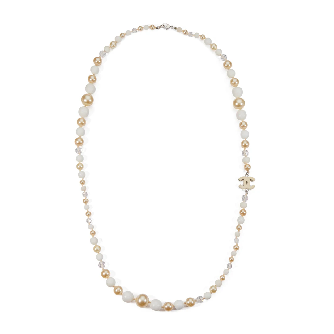 White, Beige, and Silver Imitation Pearl, Crystal, and Metal Long