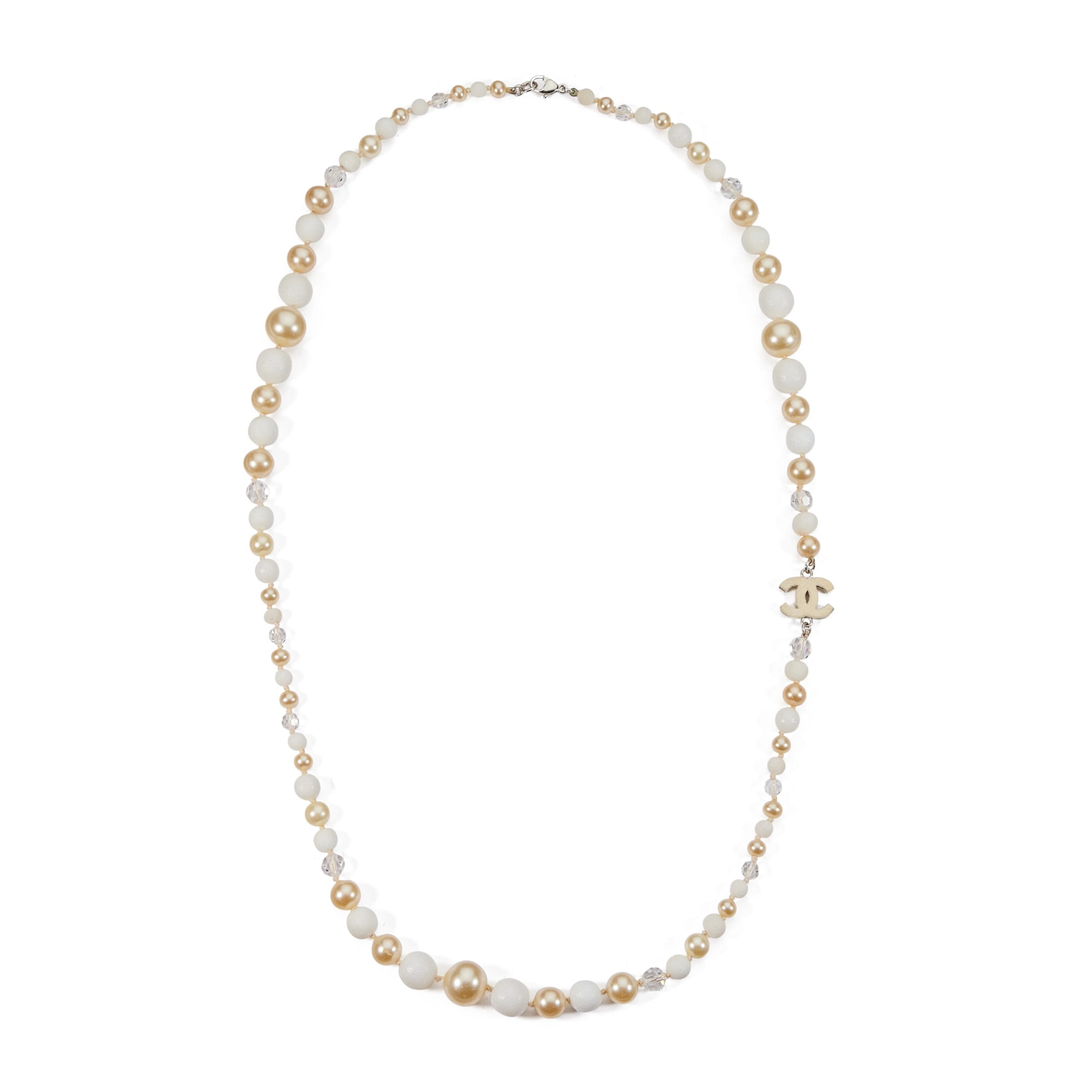 White, Beige, and Silver Imitation Pearl, Crystal, and Metal Long