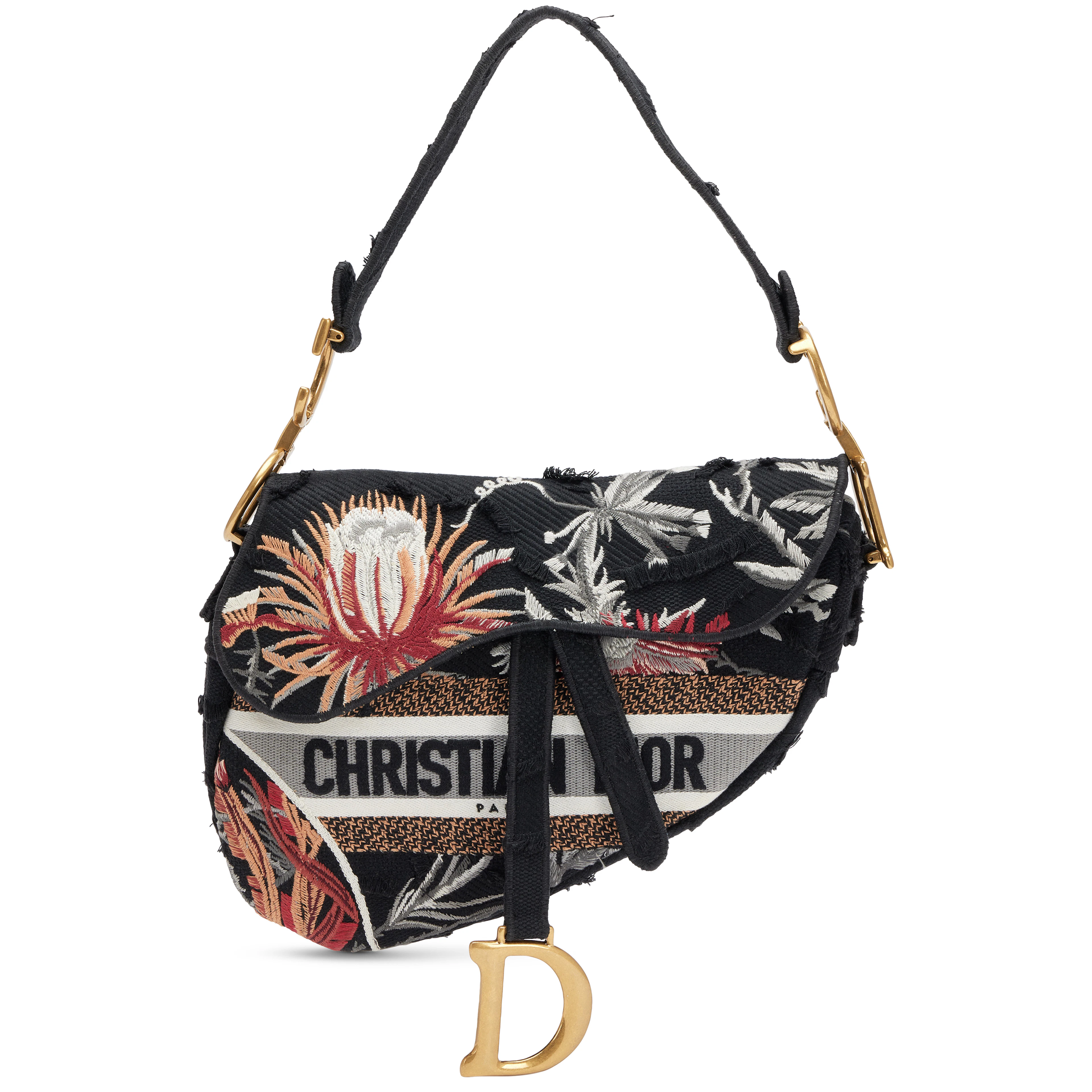 Black Multicolor Canvas Embroidered Camouflage Flowers Saddle Bag