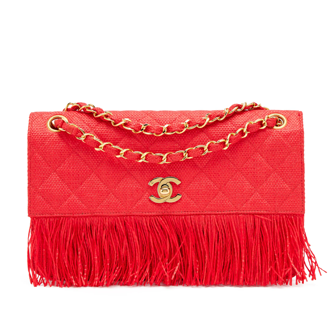 Vintage Red Quilted Raffia and Fringe Flap Bag Gold Hardware, 1992
