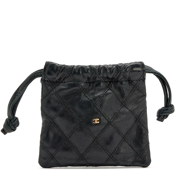 Black Quilted Lambskin CC Micro Drawstring Coin Pouch Gold Hardware, 1986-1988