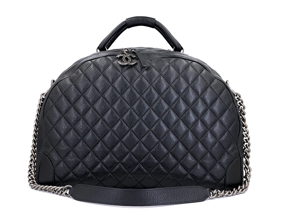 Black Quilted Grained Calfskin Airlines Oversized Bowler Duffle Bag