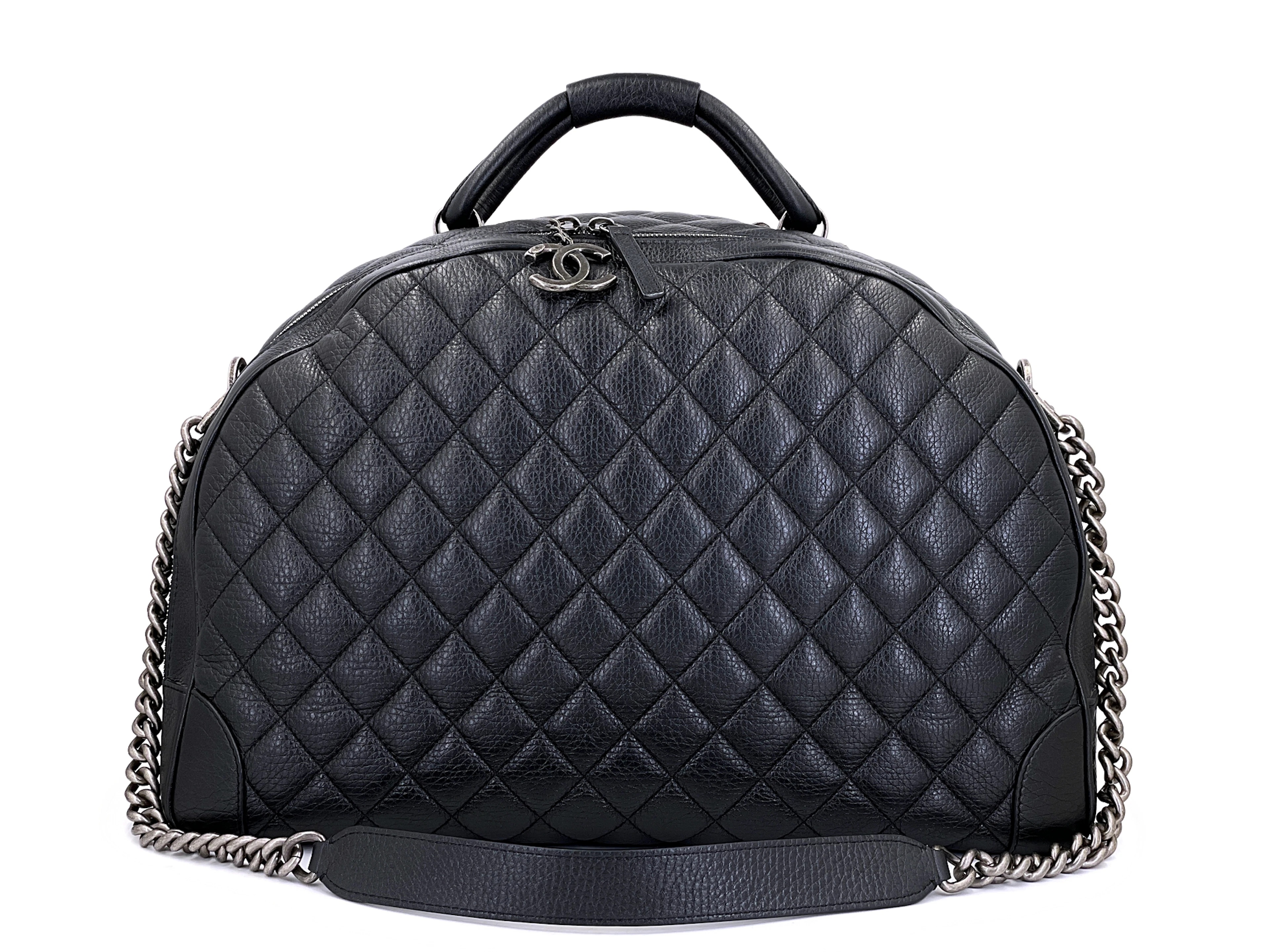 Black Quilted Grained Calfskin Airlines Oversized Bowler Duffle Bag