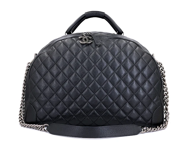 Black Quilted Grained Calfskin Airlines Oversized Bowler Duffle Bag