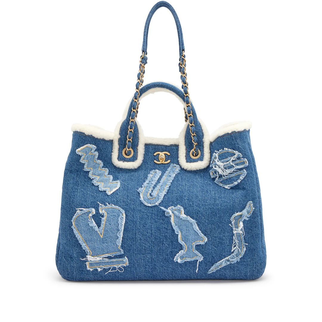 Blue Denim, White Shearling Paris-New York Hieroglyph Coco Tote Gold