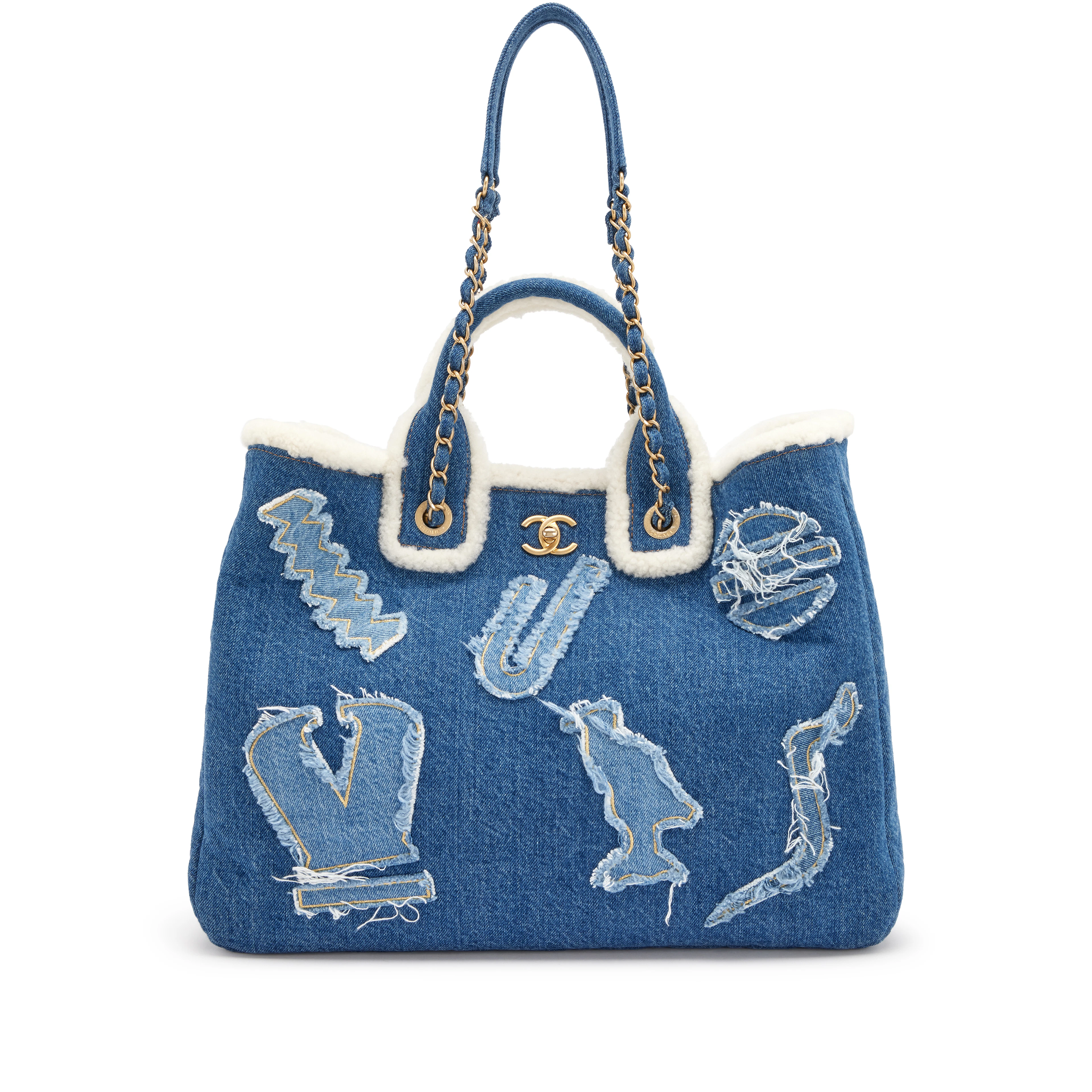 Blue Denim, White Shearling Paris-New York Hieroglyph Coco Tote Gold