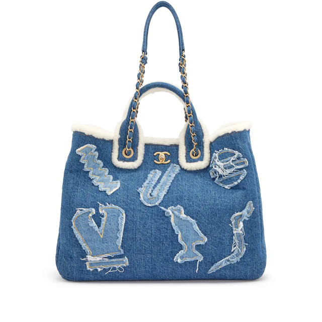 Blue Denim, White Shearling Paris-New York Hieroglyph Coco Tote Gold