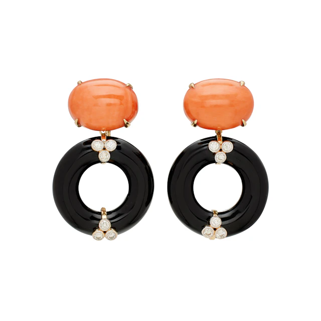Gold, Coral, Onyx, and Diamond Drop Earrings