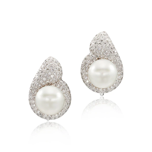 White Gold, Cultured Pearl and Diamond Earclips