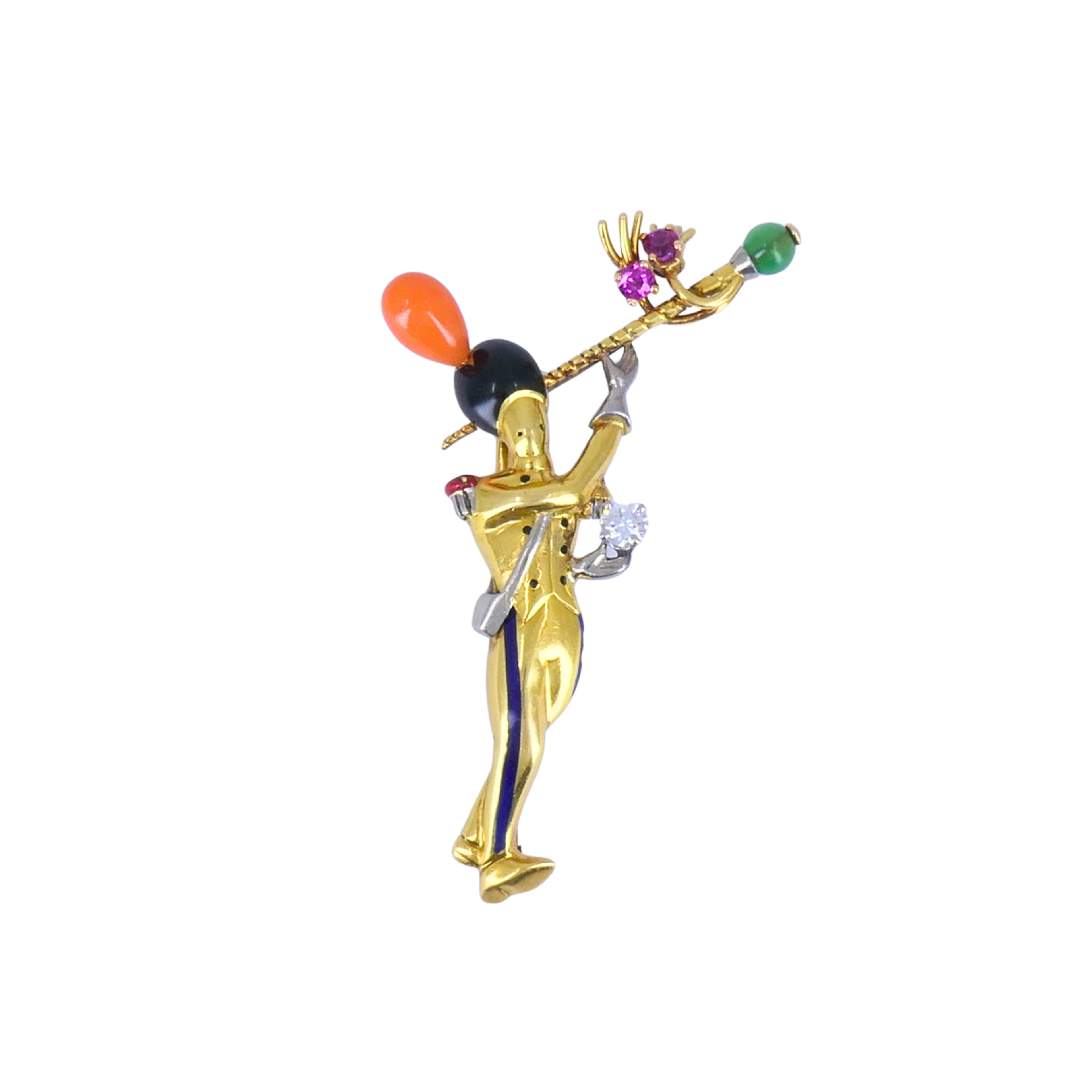 Vintage Gold, White Gold, Mutligem, Enamel and Diamond Drum Major Brooch