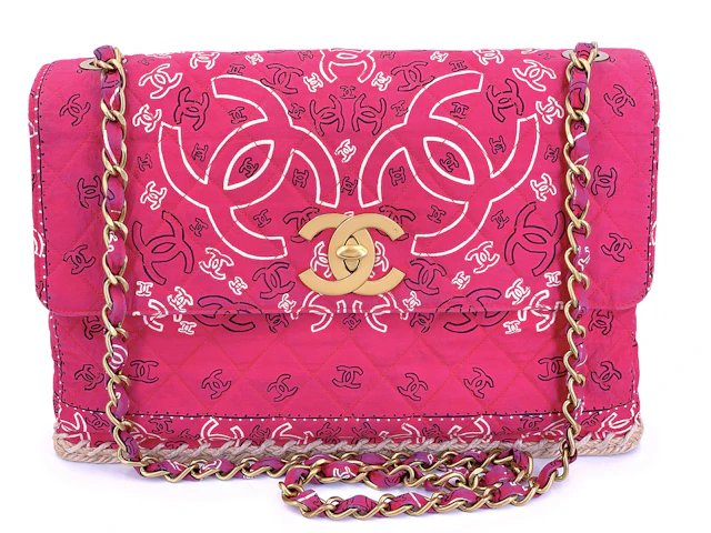 Vintage Dark Pink Paisley Print Bandana Maxi Straw Flap Bag Aged Gold