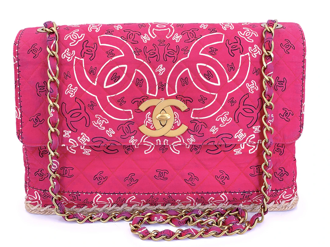 Vintage Dark Pink Paisley Print Bandana Maxi Straw Flap Bag Aged Gold