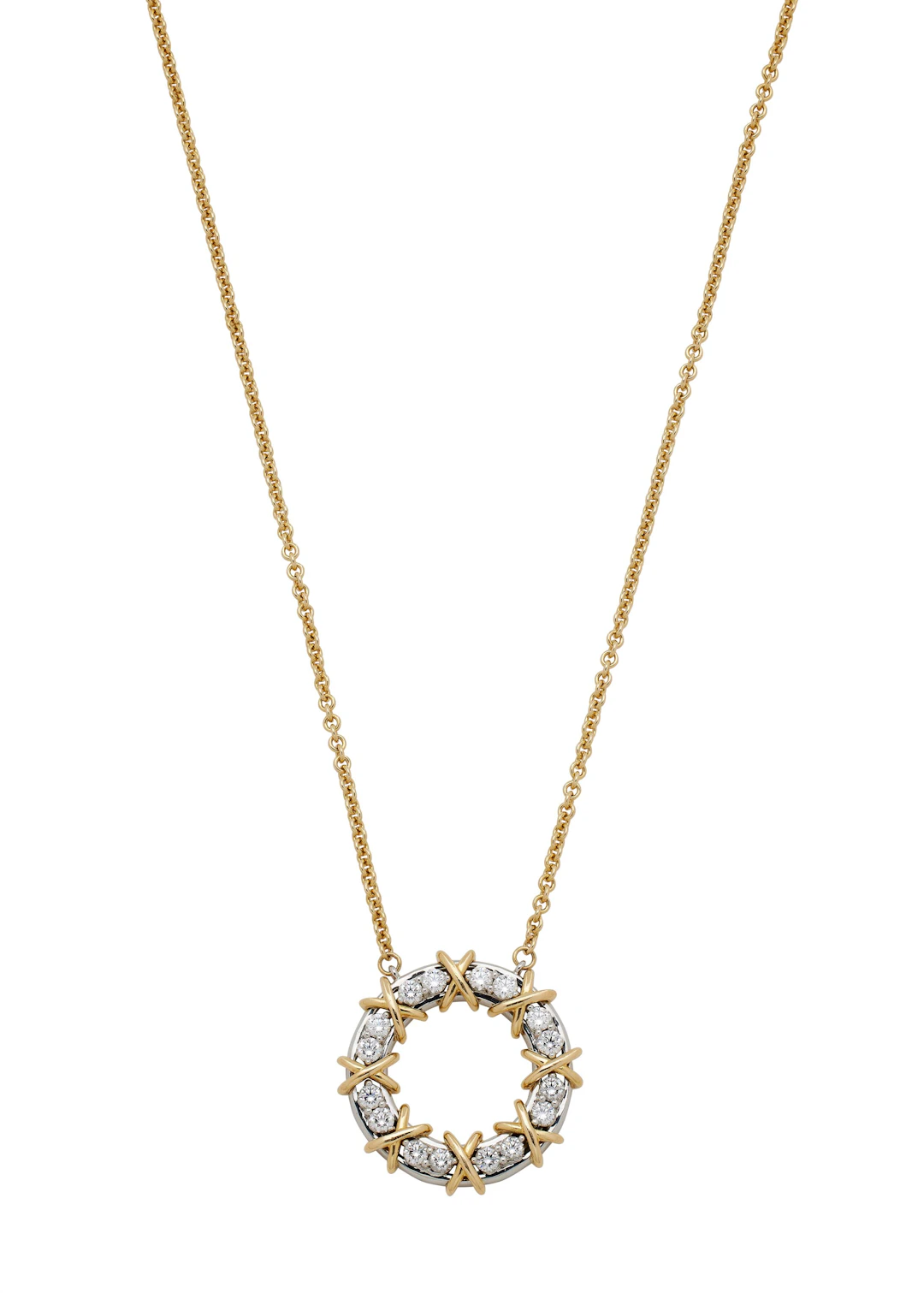 Platinum, Gold and Diamond Sixteen Stone Circle Pendant Necklace