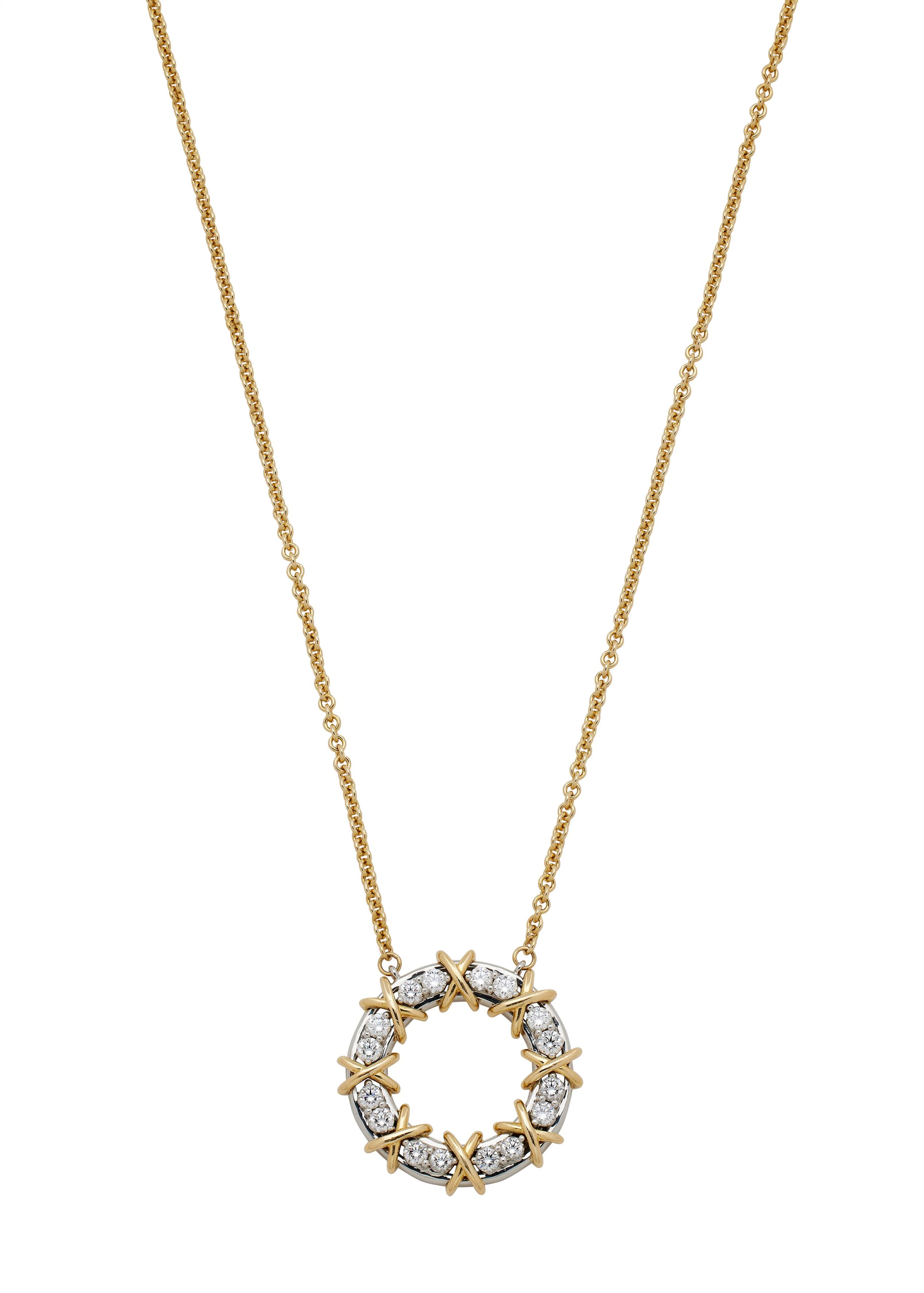 Platinum, Gold and Diamond Sixteen Stone Circle Pendant Necklace