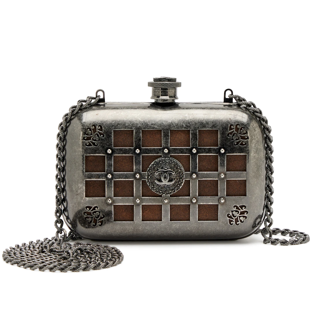 Grey Gunmetal Paris-Edinburgh Mini Grid Cage Minaudière Clutch Ruthenium