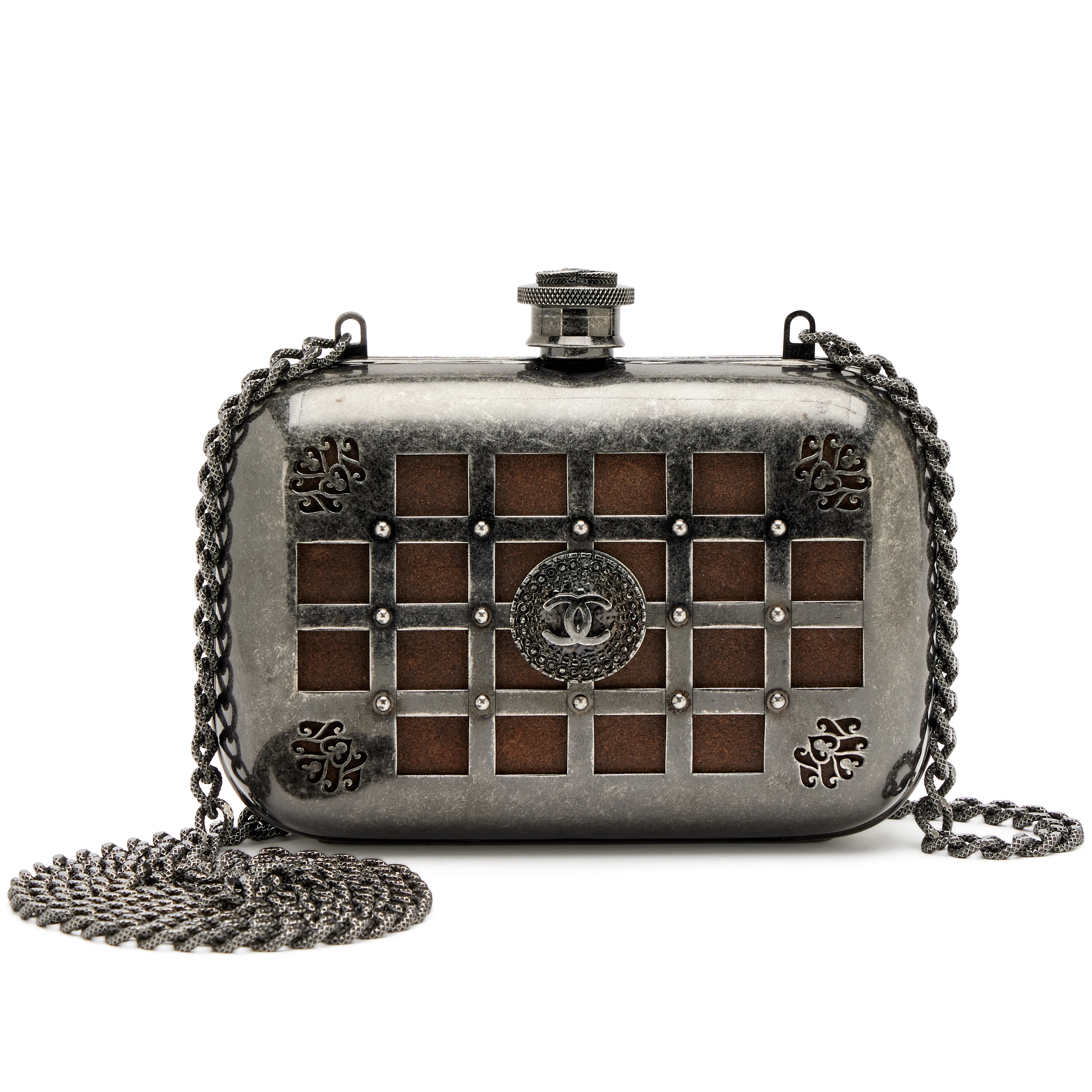 Grey Gunmetal Paris-Edinburgh Mini Grid Cage Minaudière Clutch Ruthenium