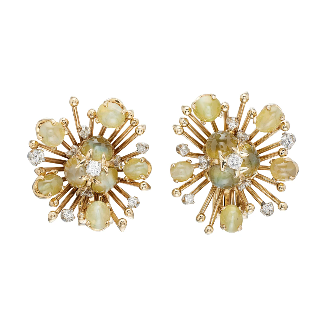 Vintage Gold, Cat's Eye Chrysoberyl and Diamond Earclips
