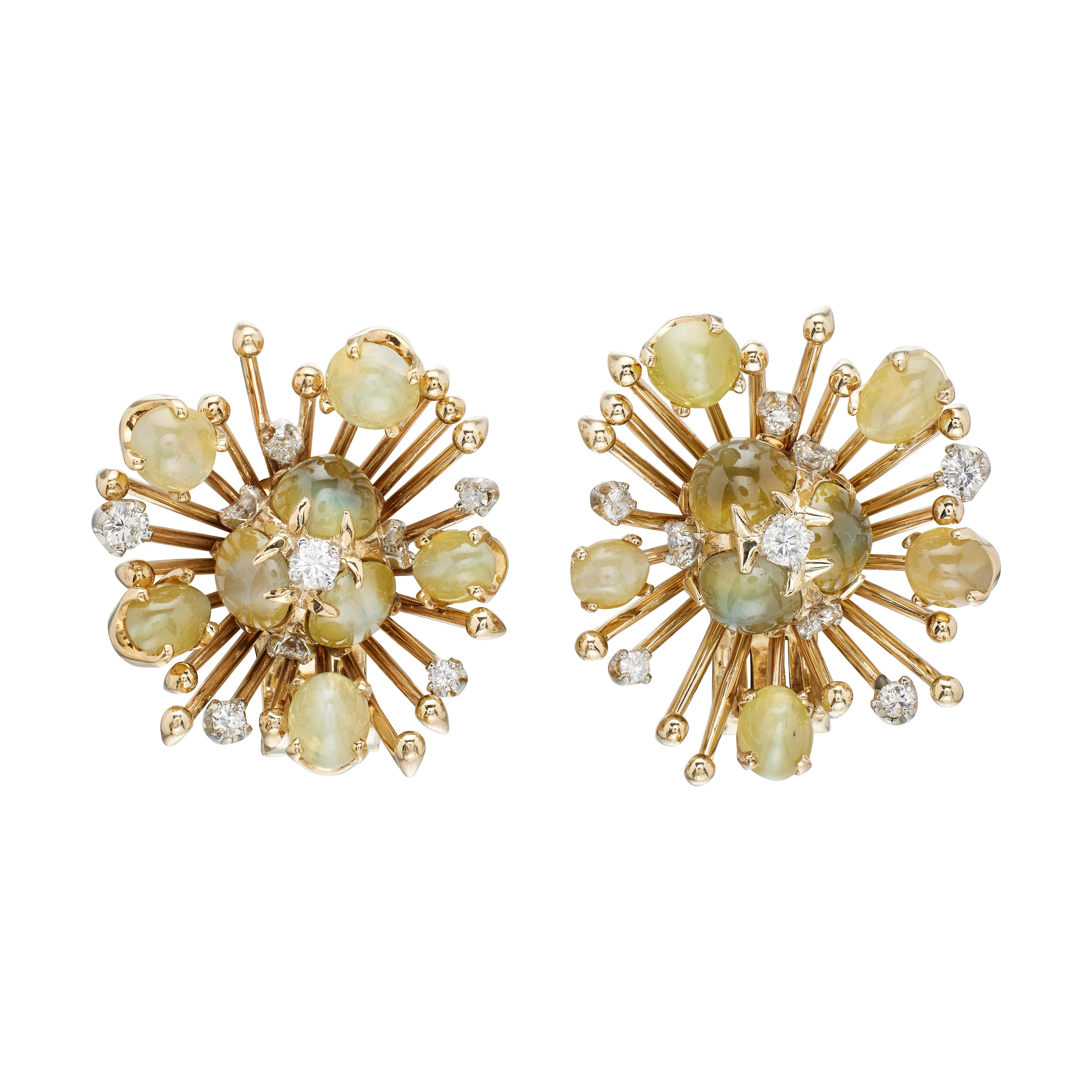 Vintage Gold, Cat's Eye Chrysoberyl and Diamond Earclips