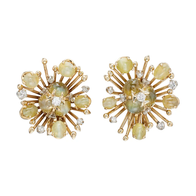 Vintage Gold, Cat's Eye Chrysoberyl and Diamond Earclips