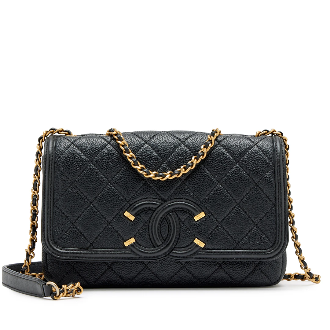 Black Quilted Caviar Small CC Filigree Flap Bag Aged Gold Hardware, 2016