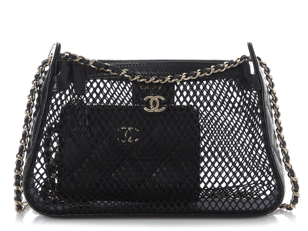 Black Mesh Shiny Lambskin Clutch Silver Hardware, 2025