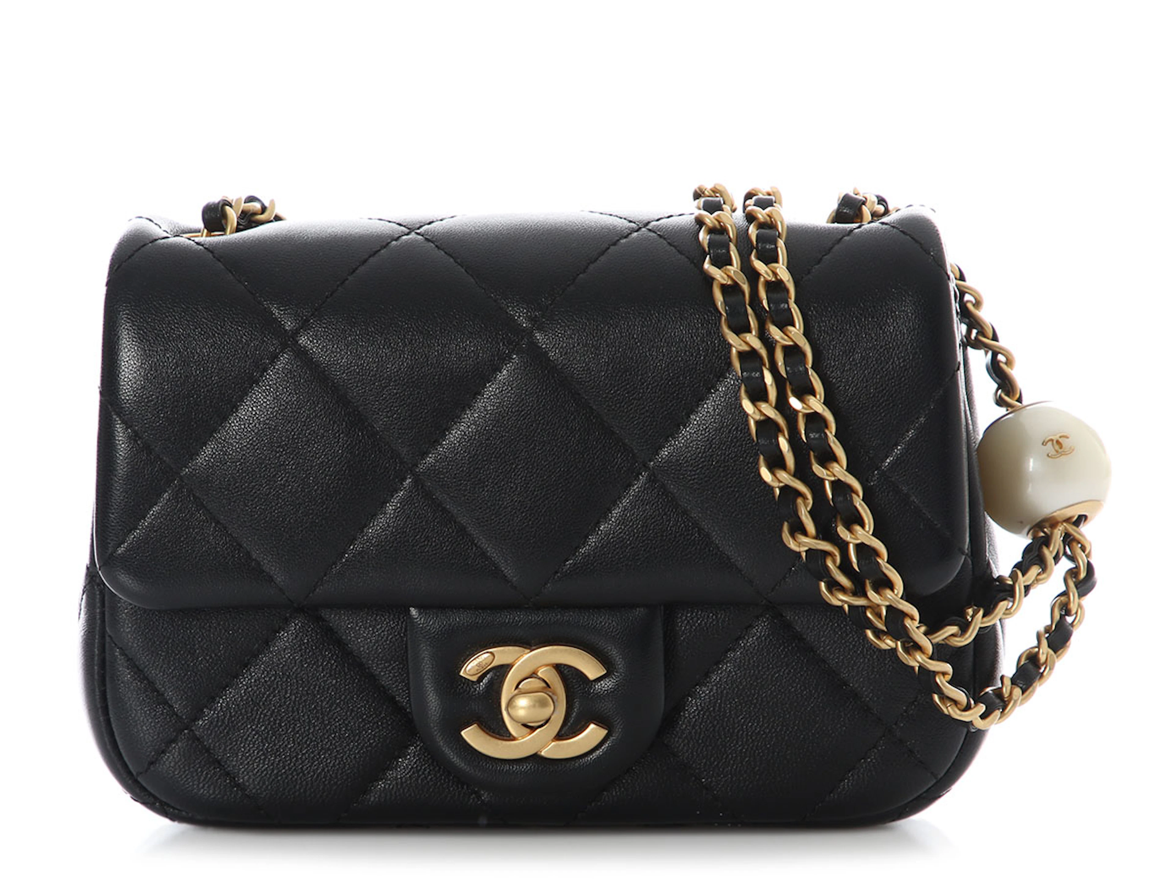 Black Quilted Aged Calfskin Double Pearl Mini Flap Bag Gold Hardware, 2024