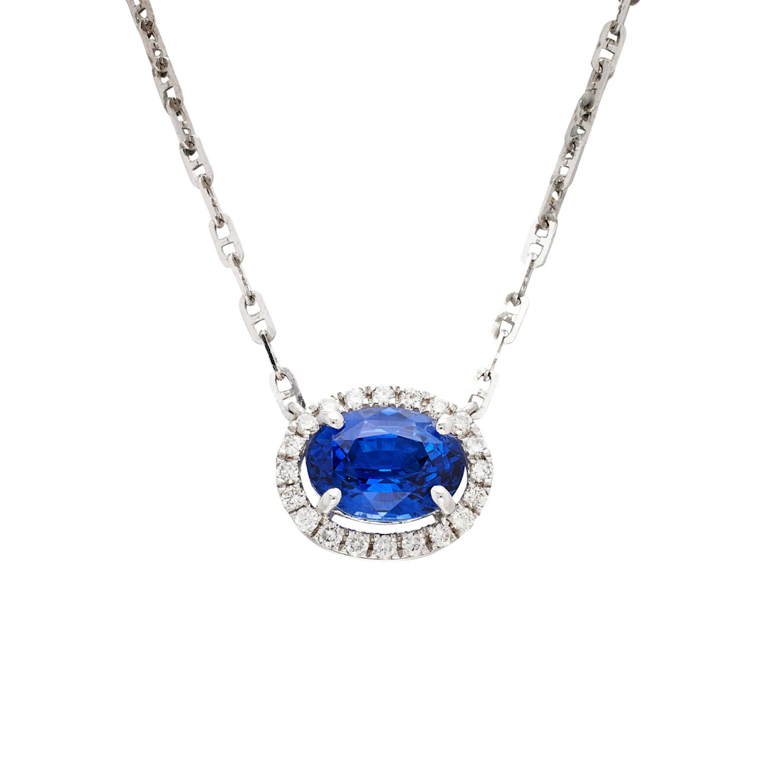 White Gold, 1.55ct Ceylon Royal Blue Sapphire and Diamond Pendant Necklace