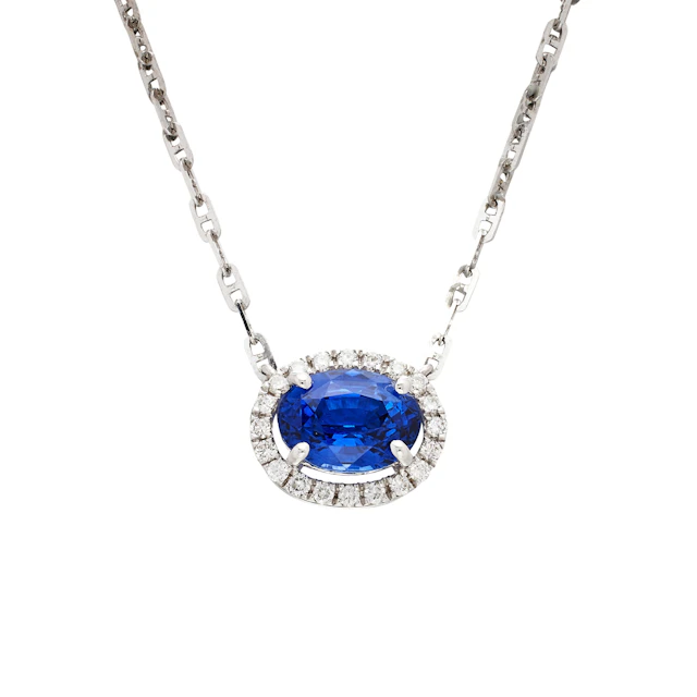 White Gold, 1.55ct Ceylon Royal Blue Sapphire and Diamond Pendant Necklace