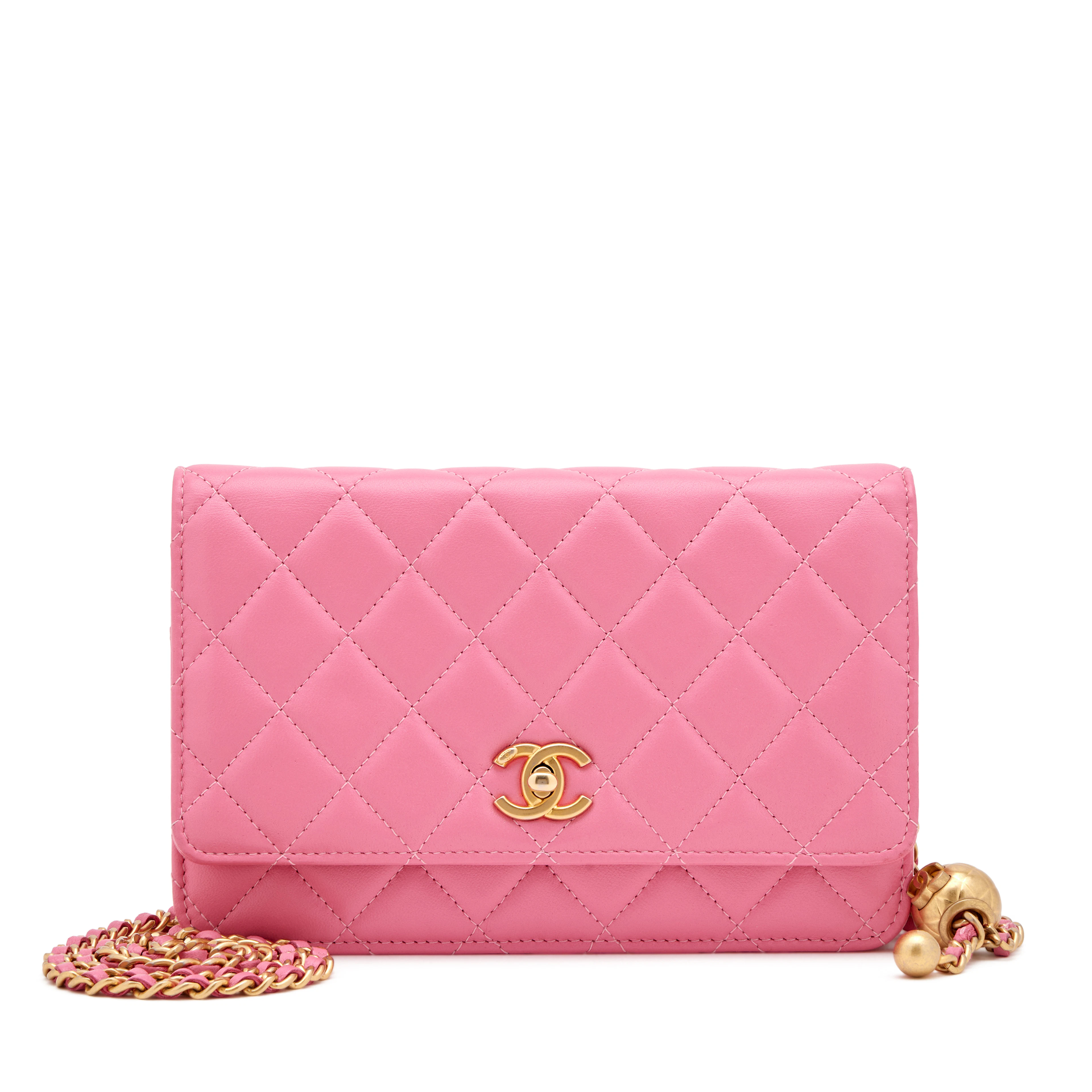 Pink Quilted Lambskin Pearl Crush Wallet on Chain Gold Hardware, 2019