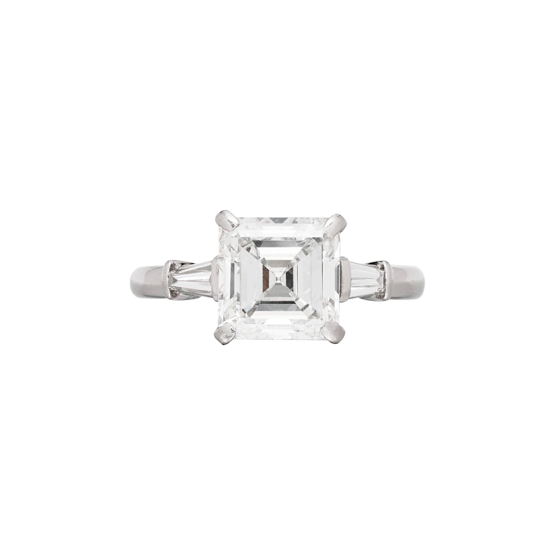 Platinum, 2.85ct Square Emerald Cut Diamond and Diamond Engagement Ring