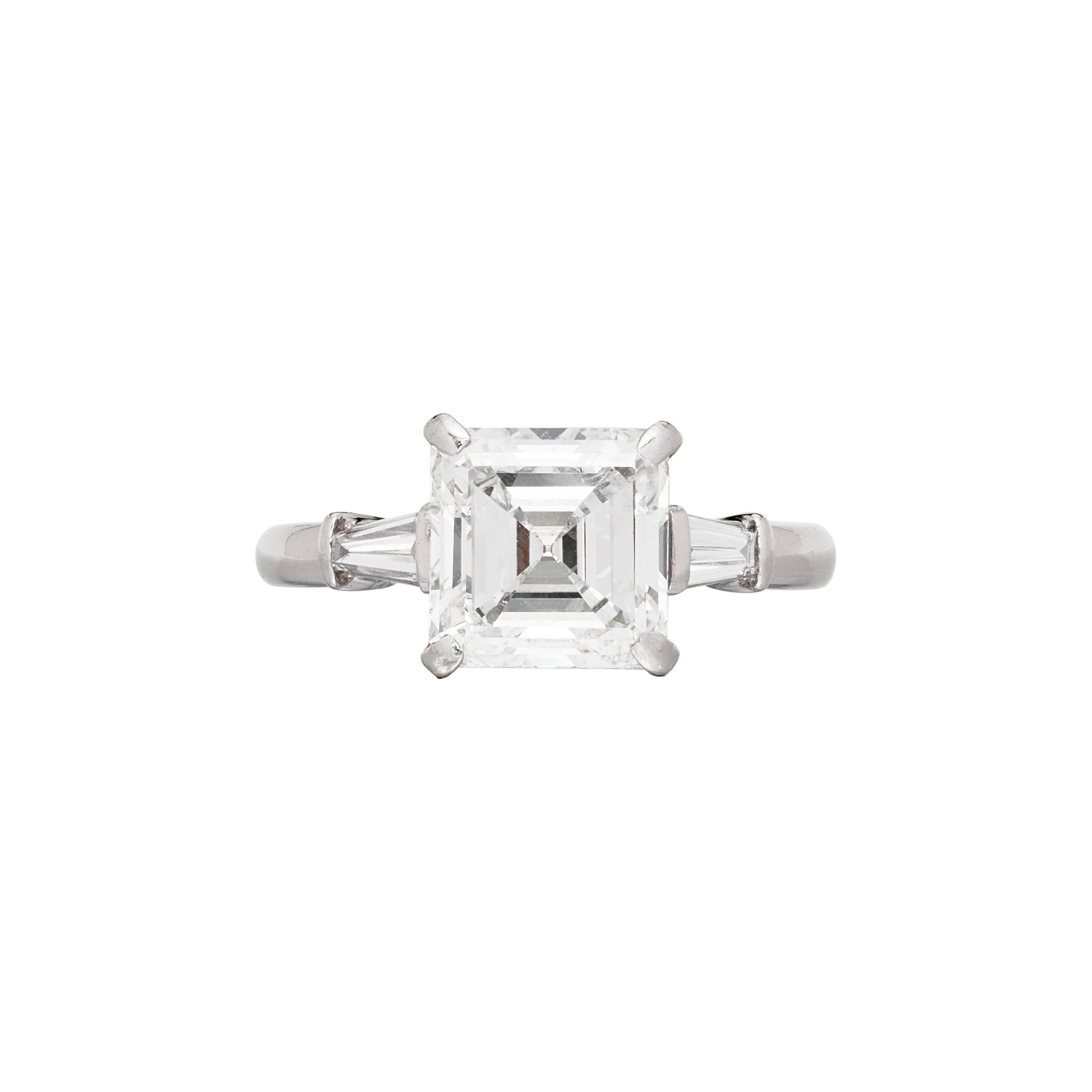 Platinum, 2.85ct Square Emerald Cut Diamond and Diamond Engagement Ring