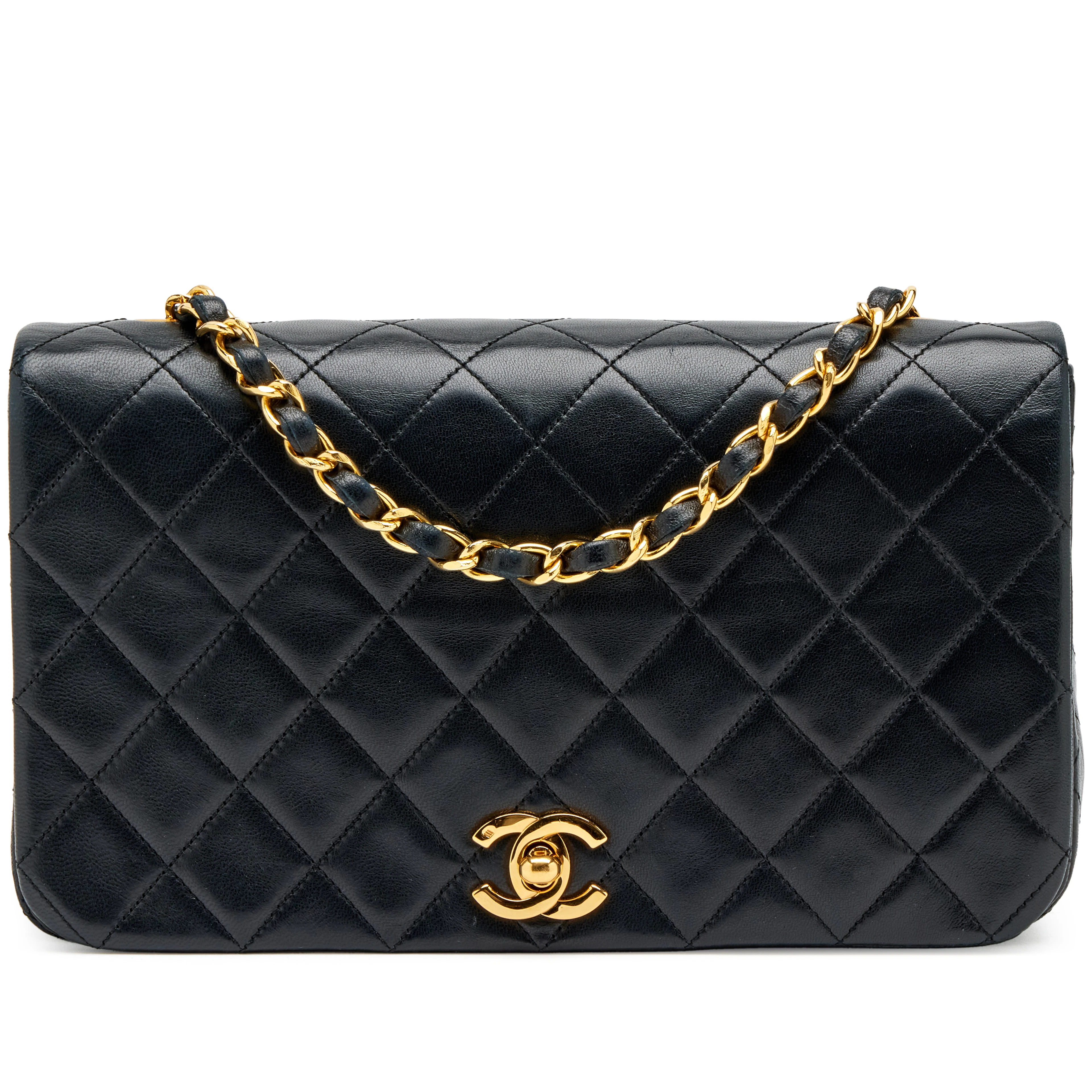 Vintage Black Quilted Lambskin Medium Full Flap Bag Gold Hardware, 1989-1991