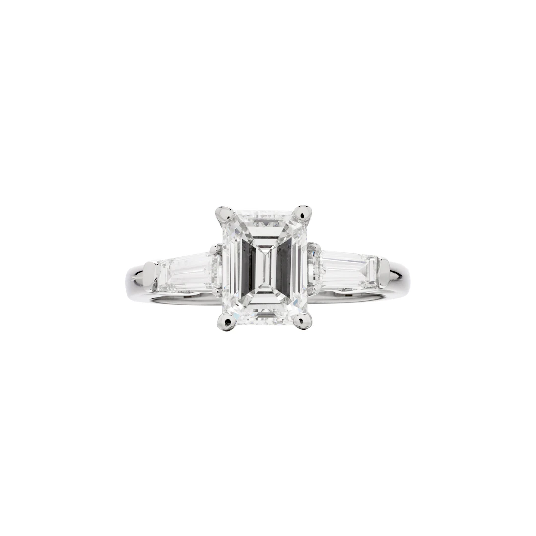 Platinum, 1.50ct Emerald Cut Diamond and Diamond Engagement Ring