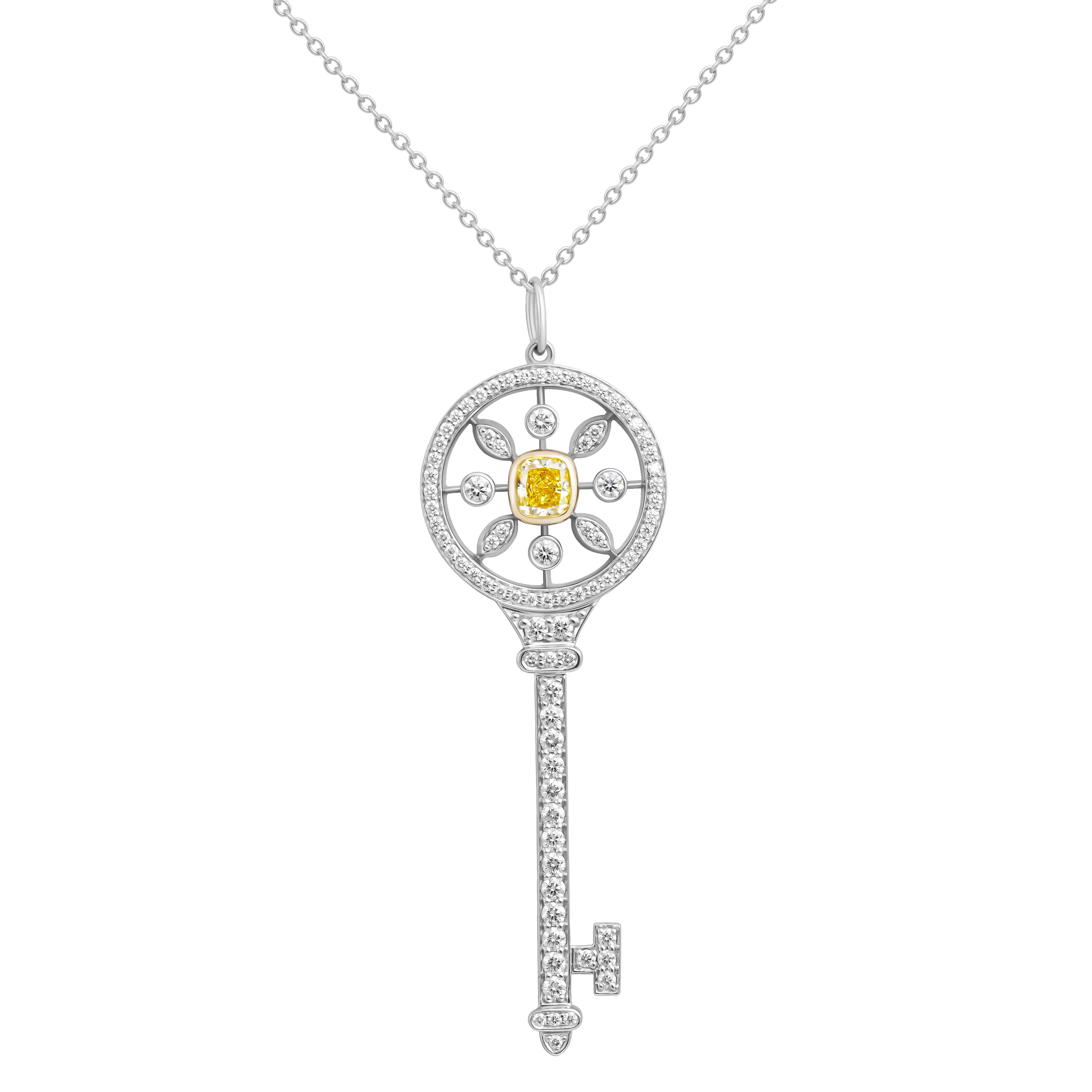 Platinum, Gold, Yellow Diamond and Diamond Key Pendant Necklace