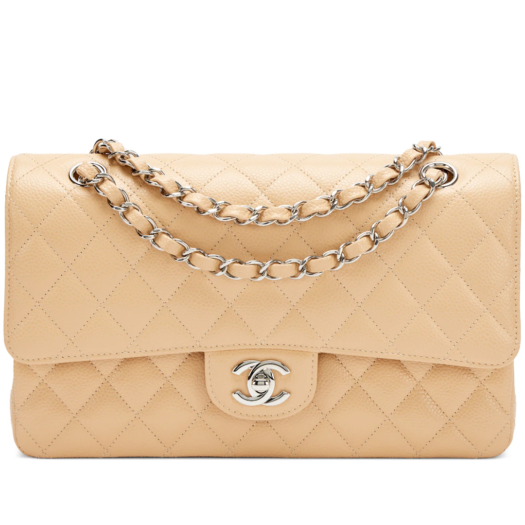 Beige Clair Quilted Caviar Medium Classic Double Flap Bag Silver Hardware, 2024