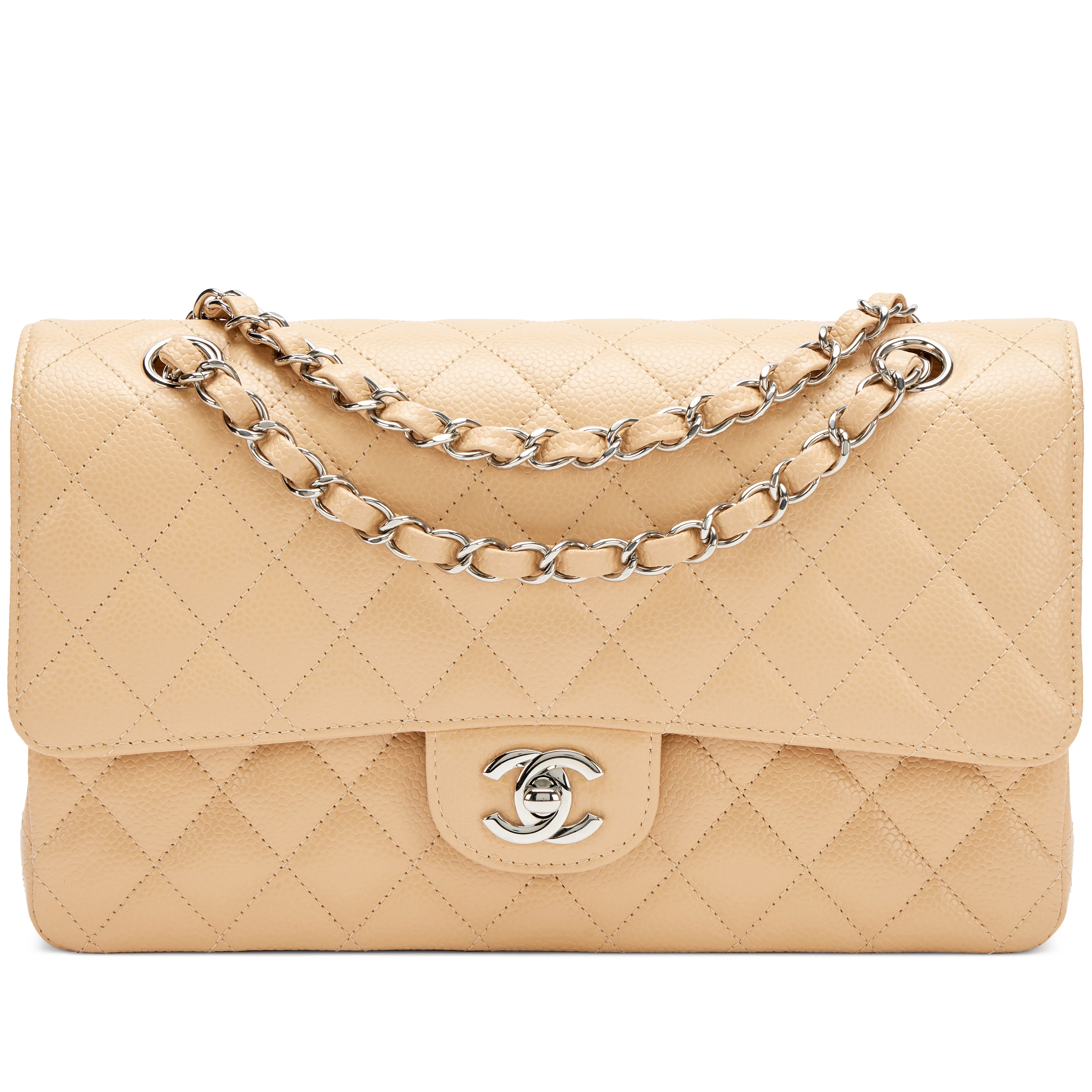 Beige Clair Quilted Caviar Medium Classic Double Flap Bag Silver Hardware, 2024